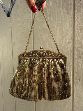 VTG 1940s Whiting Davis Gold Mesh Flapper Bag Purse Brass Pierced Frame USA NICE